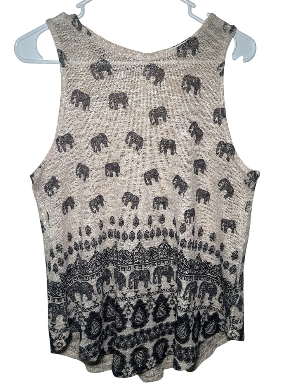 Ginger G Boho Elephant Print Tank Top Beige Black Festival Aztec Lightweight L